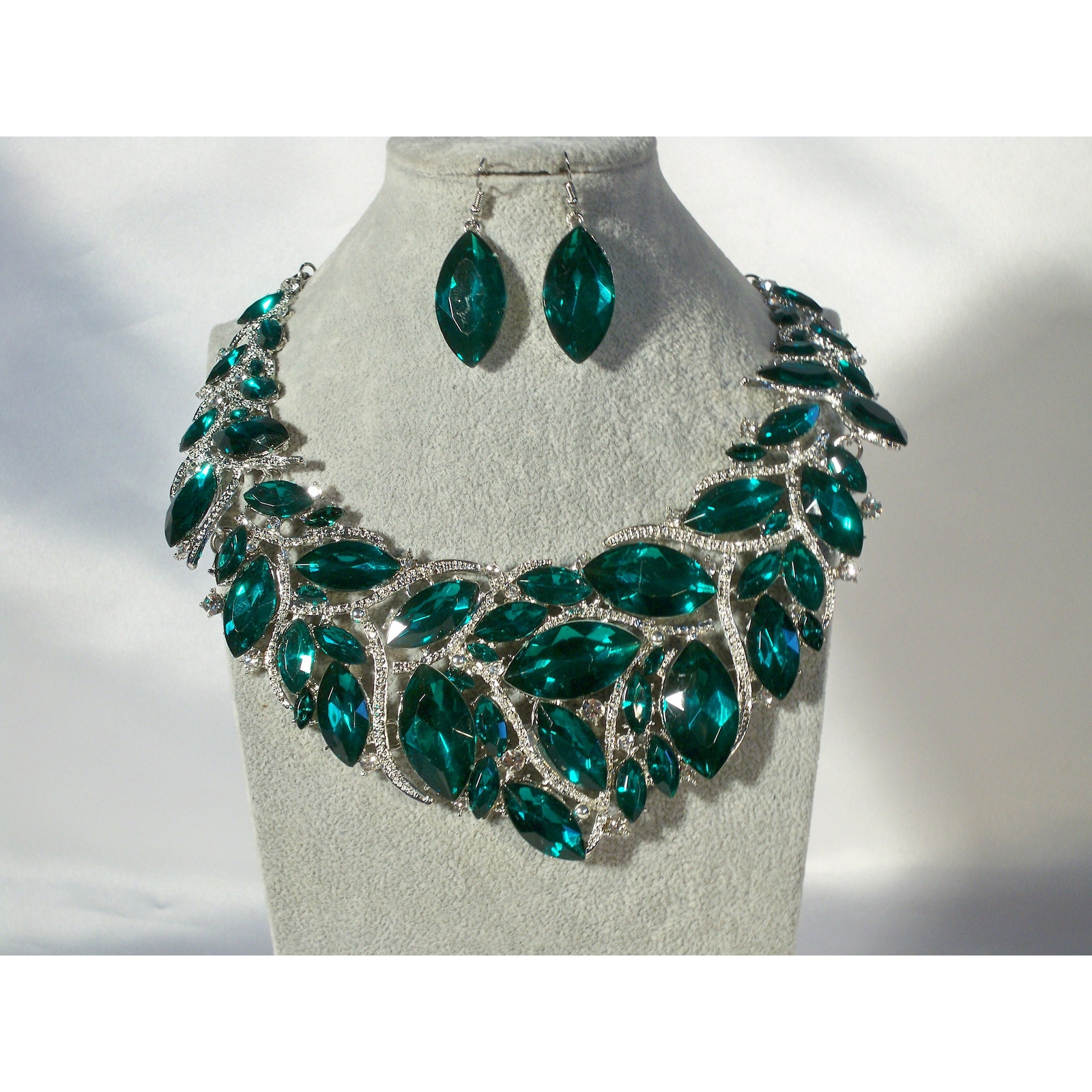 Green Rhinestone Necklace Set, Wedding Mob Prom Party Formal Evening Necklace